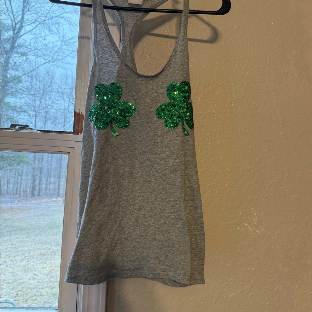 Grey Women's Tank Top with Green Sequin Shamrocks